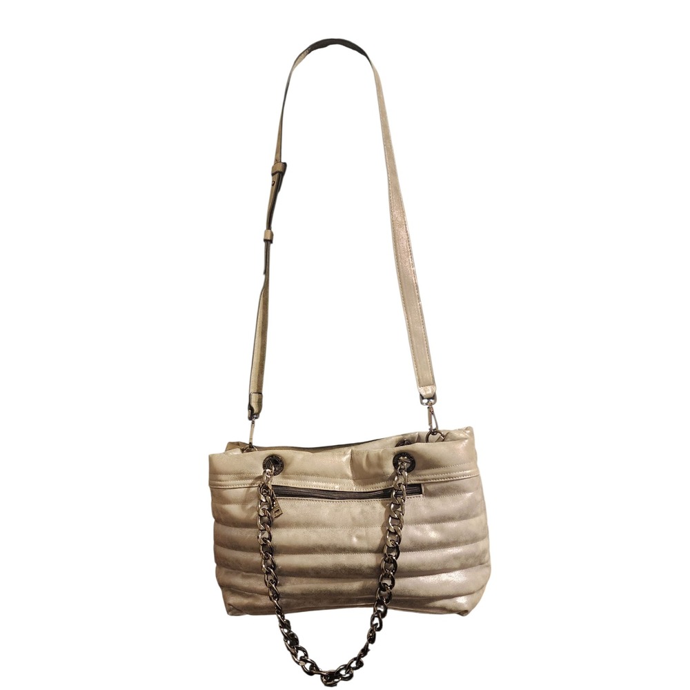 Think Royln Faux Vegan Convertible Shoulder Bag Chain Metallic Gray Quilted